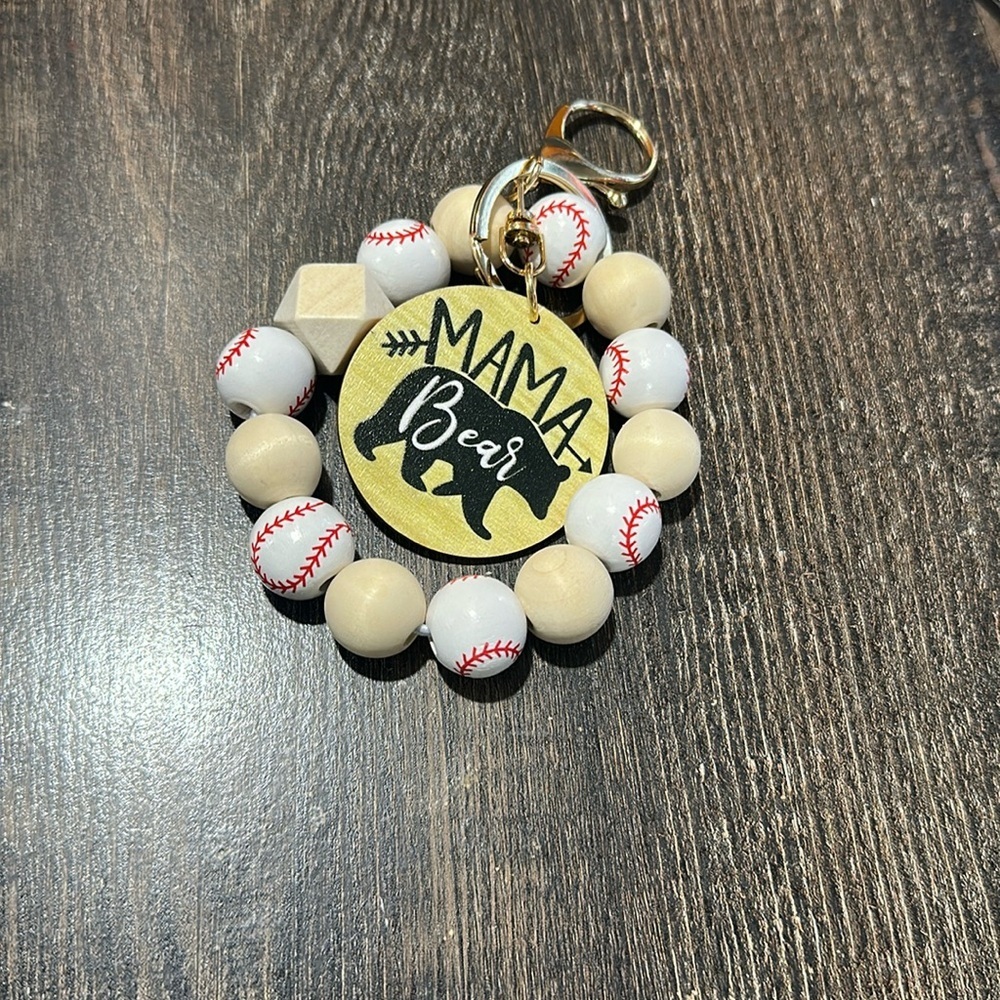 Baseball MAMA BEAR Keychain Wristlet large wooden beads with Baseballs